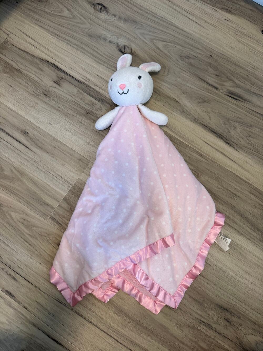 Cloud Island Pink Polka Dot Bunny Lovey Security Blanket Satin Trim Large 29"